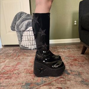 Demonia Black Patent Platform Knee-High Boots with Glitter Star Accents